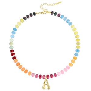 KissYan Initial Necklaces for Women, Colorful Beaded Gemstone Choker 14K Gold Bubble Letter Pendant Necklace N