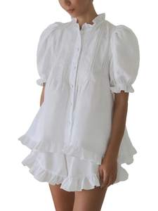 Womens Ruffle Short Set Fashion Summer Puff Sleeve Button Down Top and Shorts Cotton 2 Piece Outfits Medium Wh