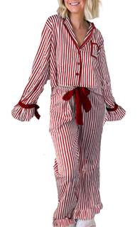 Luckinbaby Women Christmas Satin 2 Piece Pajamas Set Bow Tie Long Sleeve Shirts Pants Santa Claus Print Pjs Se