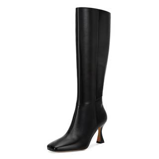 Dsevht Black Leather Knee High Boots for Women Stiletto Kitten Heeled Sexy Boots Square Toe and Side Zipper De
