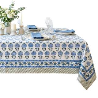 ATOSII Cotton Blockprint Rectangle Table Cloth, Roma Blue, 108" X 60" | 100% cotton washable table cloth with 