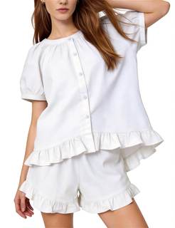 Flygo Womens Pajamas Set 2 Piece Cotton Ruffle Pj Lounge Sets Cute Puff Sleeve Babydoll Top Shorts Sleepwear S