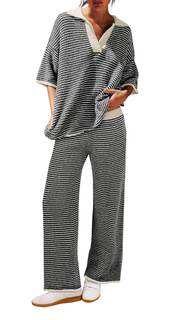 Tankaneo Womens Sweater Set Striped 2 Piece Outfits Oversized Lounge Sets | Womens Sweater Set,2 Piece Outfits