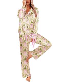 Ekouaer Women Classic Button Down Long Satin Pajamas Set Cute Bow Sleepwear | Silk Pyjama,Contrast Bow-tie Lou