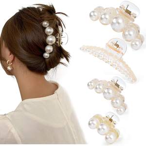 Mehayi 4 PCS Large Pearl Hair Claw Clips for Women and Girls, Non-Slip Hair Barrettes for Thick and Thin Hair,