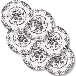 Dinner Plates Set of 6, 10.5 inch Rose Floral Plate, Black | Ceramic, White Porcelain Plate, Microwave Safe, I