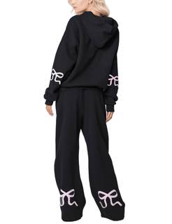 Two Piece Outfits Bow Graphic Print Hoodie Sweatpants Set Oversized Sweatshirt and High Waist Sweatpants Track