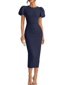 ZESICA Womens Summer Short Sleeve Bodycon Cocktail Formal Dress | Crewneck, Midi Length, Back Slit, Elegant Cl