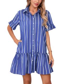 YEXPINE Women's 2026 Summer Casual Shirt Dress Drop Waist Ruffle Mini Dress with Pockets Small Blue
