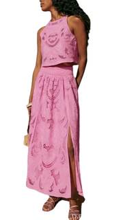 Womens Summer Sets 2 Piece Outfits Tank Top and Maxi Skirt Embroidered Suit Elegant Pink Small