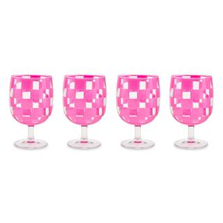MACKENZIE-CHILDS Acrylic Water Goblet Set, Pink Check | Hand-applied design, stemmed water glasses, 3.15" dia.