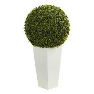 Nearly Natural 28in. Boxwood Topiary Ball Artificial Plant in White Tower Planter (Indoor/Outdoor) Green 15 in