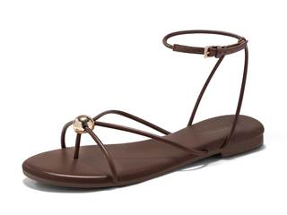 Coutgo Womens Strappy Flat Sandals Open Toe Flip Flops Sandals Ankle Strap Summer Beach Shoes Coffee 7.5