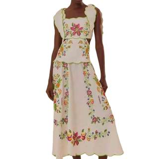 Women's Sleeveless Square Neck Backless Bow Suspender Dress, Floral Embroidery Dress, Long Skirt Small White