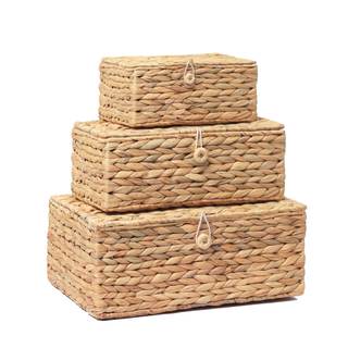 LUSYDECO Set of 3 Wicker Storage Baskets with Lid, Large Rectangular Rattan Basket Decorative Boxes, Natural W