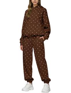 Livtany Women's Polka Dot Oversized Hoodie and Joggers Sweatpants Sweatsuit 2026 Two Piece Matching Set Brown 