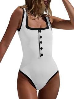 Saodimallsu Womens One Piece Swimsuit Vintage Ribbed Slimming High Cut Color Block Button Square Neck Bathing 