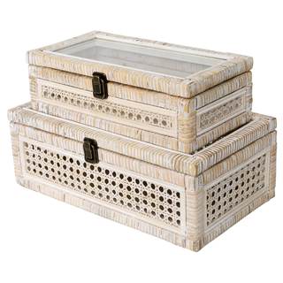 DECOR4SEASON Rattan and Cane Stacking Boxes with Glass Top Lid - Set of 2 11.8" and 14.1", for Boho and Rustic