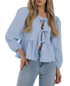 PRETTYGARDEN Women's Spring Fall Babydoll Peplum Blouse Shirt Puff Long Sleeve Bow Tie Front Trendy Cute Y2K G