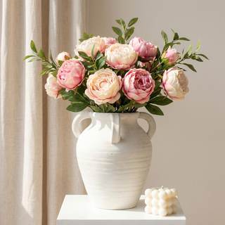 Rustic White Ceramic Vase, Wide Mouth Terracotta, Antique Decorative Flower Vase with 4 Handles, 9.7 in Cream