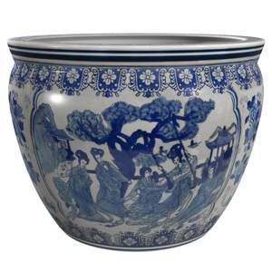 Red Lantern 12" Ladies Blue & White Porcelain Fishbowl Planter or Cachepot for Indoor/Outdoor Use in Garden En