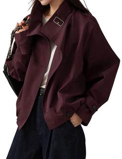 Megfie Jackets for Women Trendy Vintage Trench Coat Turtleneck Crop Jackets with Pockets Darkred Medium