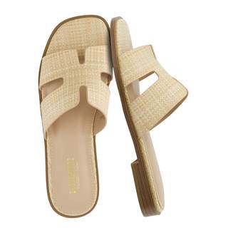 CUSHIONAIRE Voyage Cutout Strap Slides for Women, Slip On Summer Flats, Trendy Footwear, Memory Foam Vegan Lea