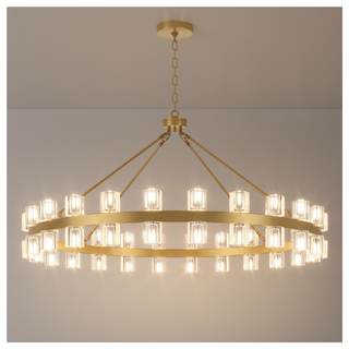 48 Inch Gold Wagon Wheel Chandelier with Crystal Shade, 48 Lights, Modern Farmhouse Style, Ideal for Dining Ro