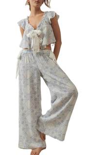 Adoeren Women Y2k 2 Piece Front Tie Pajama Ruched Ruffle Sleeveless V Neck Crop Tops Long Pants Loose Print Sl
