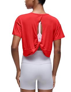 CRZ YOGA Open Back Crop T-Shirt | Yoga, Drappy, Relaxed Fit, Twist Knot, High Neck, Short Sleeve Tops for Wome