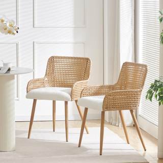 Rattan Dining Chairs,Farmhouse Upholstered Boucle Kitchen Chair with Armrest,PE Rattan Dining Room Chairs, Mes