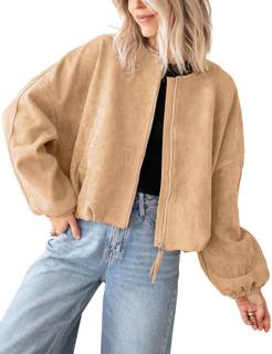 Tanming Womens Faux Suede Bomber Jacket Oversized Coats | Long Sleeve, Zip up Casual Jackets with Pockets, Cro