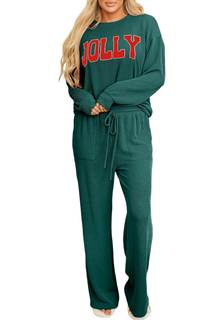 Opemiby Women 2 Piece Pajamas Set 2026 Ribbed Lounge Pants Sets with Pocket | Long Sleeve Top and Drawstring W