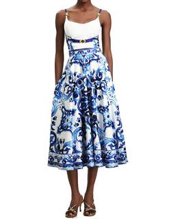 Blue Spaghetti Strap Printed Floral Two Piece Skirt Set for Women Vintage Prom Skirt and Top Set for Women Blu