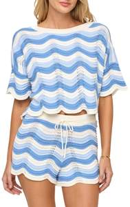2 Piece Sets for Women Short Sleeve Striepd Crochet Cover Up Tied Shorts Beach Clothes Blue Medium