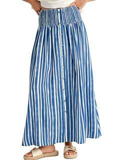 InterNos Womens Striped Maxi Skirt Trendy Front Buttons Elastic Waistband A-Line Boho Long Skirt with Pockets