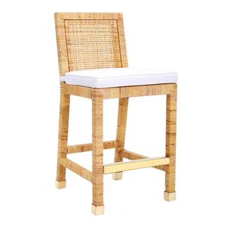 Tov Furniture Amara Natural Rattan Counter Height Stool with White Performance Fabric Seat Cushion and Gold Ac