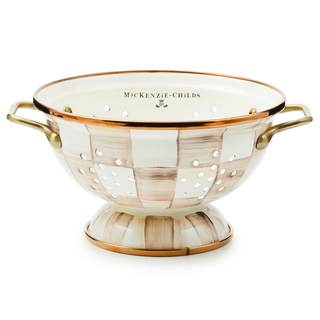 MACKENZIE-CHILDS Enamel Colander, Large, Brown-and-White Mocha Check | Hand-painted design, decorative kitchen
