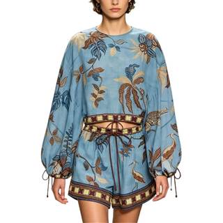 Mandonce 2 Piece Sets For Women Loose Casual Crop Top Linen Printed Shorts With Long Sleeve Summer Vacation Se