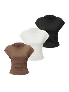 OYOANGLE Women's 3 Pack Business Casual Outfits Mock Neck Ribbed Tank Tops | Cap Sleeve, Capsule Wardrobe, Bas