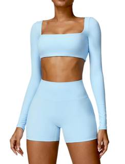 ABOCIW Workout Sets for Women 2 Piece Square Neck Long Sleeve Crop Tops High Waist Biker Shorts Gym Sets Blue