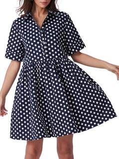 Ladyful Polka Dot Dress for Women 2026 Summer Short Sleeve Shirt Mini Dress Collared V Neck Casual Ruffle A-Li