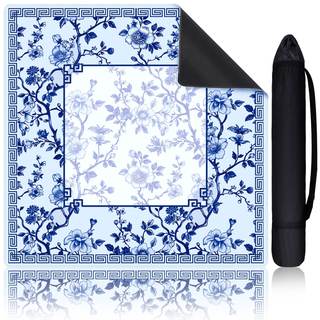 Chinoiserie Mahjong Mat with 1 Carrying Bag 31.5" x 31.5" Blue and White Rubber Anti Slip and Noise Reduction 
