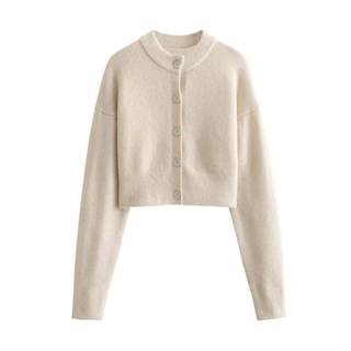 FindThy Women’s Cropped Cardigan Sweater Crewneck Solid Color Long Sleeve Button Down Knitted Outerwear Top Be