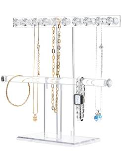 Mymazn Acrylic Jewelry Stand 2 Tier Necklace Holder Organizer with 18 Diamond Shaped Hooks, Jewelry Display St