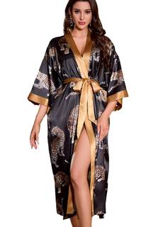 Satin Long Robe for Women Silk Kimono Robe Floral Lightweight Bathrobe Soft Thin Ladies Luxury House Robes Bla