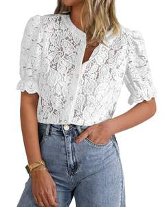 PRETTYGARDEN Womens Lace Tops Button Down Short Sleeve Shirts | Sheer Stretchy Knit,Elastic Cuff,Puff Sleeves,