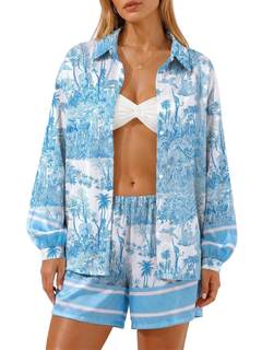 Jusfitsu Women's Satin Pajamas Oversized 2 Piece Long Sleeve and Shorts Set | Silk Pajamas for Women Set Soft,