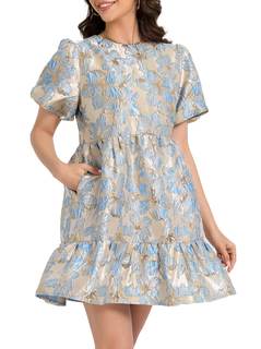 Ladyful Women's Short Puff Sleeve Jacquard Tiered Babydoll Party Mini Dress | shinny floral, A-line, loose fit