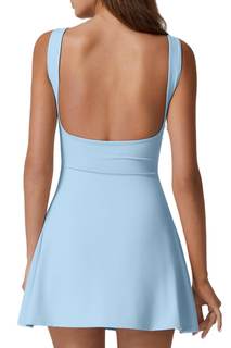 QINSEN Womens Open Back Tennis Dress Sleeveless Built in Shorts Golf Athletic Dress with Pockets Small Sky Blu